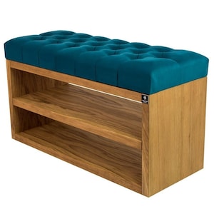 M-DEKO LPS-5 schoenenbank, schoenenrek, Chesterfield gewatteerd met plank, zitting van turquoise velours, frame van hout. Veel variaties op maat gemaakt