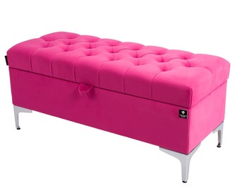 M-DEKO Q-1 Upholstered Quilted Seat Chest Ottoman Chesterfield with Storage Handmade Made to Measure Velour Pink Box Box Chest Storage