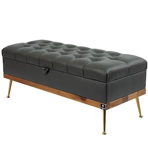 M-DEKO QD-5 Gewatteerde zitkist, bedbank, Chesterfield met opbergruimte, handgemaakt op maat, bekleding van kunstleer, donkergrijs frame, hout