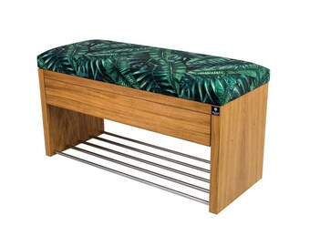 M-DEKO LGS-3 Bench Upholstered bench with shoe rack and drawer, frame made of natural wood, seat cover made of velor or imitation leather, made to measure