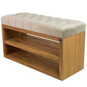 M-DEKO LPS-5 schoenenbank, schoenenrek, Chesterfield gewatteerd met plank, zitting van beige velours, frame van hout. Veel variaties op maat gemaakt