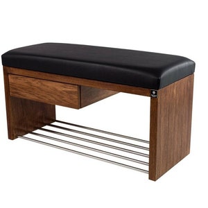M-DEKO LGS-1 bank gestoffeerde bankkruk met schoenenrek en lade, houten frame, zittingbekleding van velours of kunstleer, op maat gemaakt