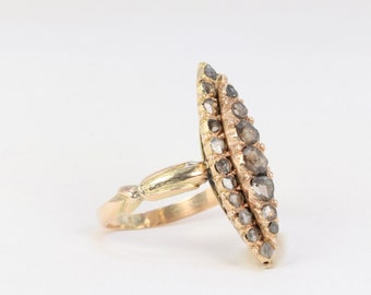 Marquise Ring in Gold and “Salt & Pepper” Cut Rose Diamonds Late 19th Century