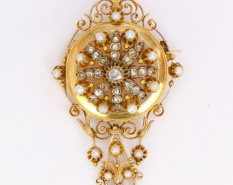 Pendentif Broche Napoléon III en or, diamants et perles fines