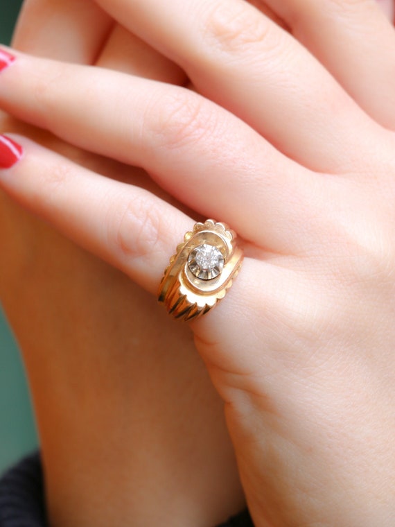 Tank ring in gold, platinum and old cut diamond 0… - image 2