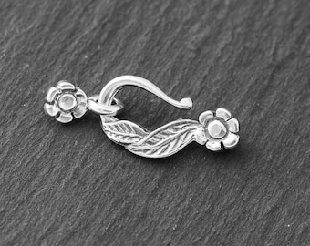 925 Sterling Silver Necklace Clasp, Flower and Leaf Design 30mm S Hook and Eye Clasp, Destash Jewelry Supplies