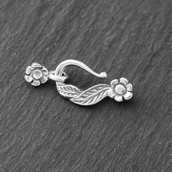 925 Sterling Silver Necklace Clasp, Flower and Leaf Design 30mm S Hook and Eye Clasp, Destash Jewelry Supplies