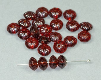 Czech Glass Fluted Saucer Beads, 10 x 6 mm Brown Pressed Glass Melon Beads, Topaz Brown Spacer Beads, Vintage Destash