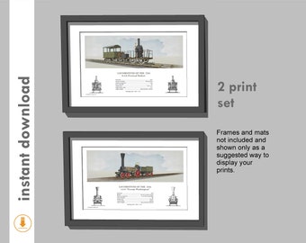 Early Locomotive Prints - Set 1 - Perspective, Printable Steam Locomotive Poster. Digital Download Locomotive Print / Prints. Wall Art.