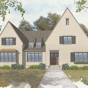 Könnte beinhalten: Ein zweistöckiges, hellbeiges Haus mit einem grauen Dach. Das Haus hat eine Veranda mit einer Holztür und einen Weg, der zu ihr führt. Es gibt Fenster mit schwarzen Fensterläden an der Vorderseite des Hauses.