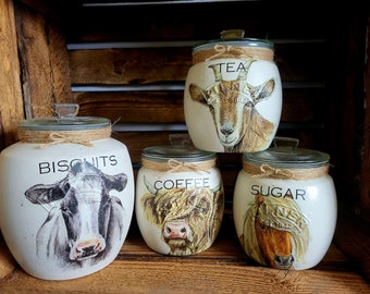 Tea, coffee and sugar canisters | kilner jars | Tea | Coffee | Sugar | Storage Jars | kitchen set / Farm Animals