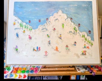 Original "Let's go Skiing" acrylic painting.Framed on canvas.24" by 32"