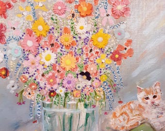 Flower painting with clay flowers. Digital print.