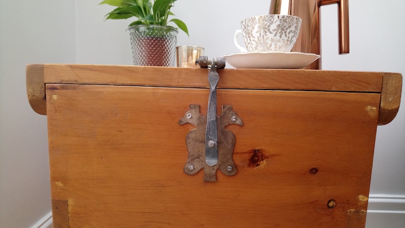 Vintage Mexican pine square trunk with cast iron fixings