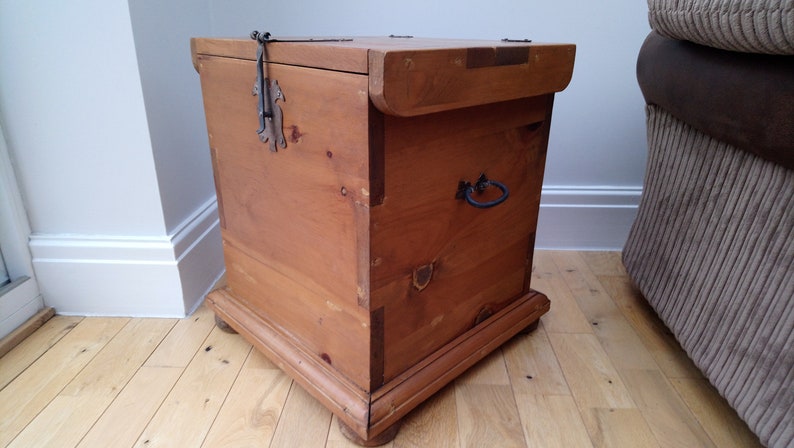 Vintage Mexican pine square trunk with cast iron fixings