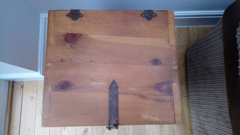 Vintage Mexican pine square trunk with cast iron fixings