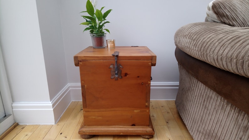 Vintage Mexican pine square trunk with cast iron fixings