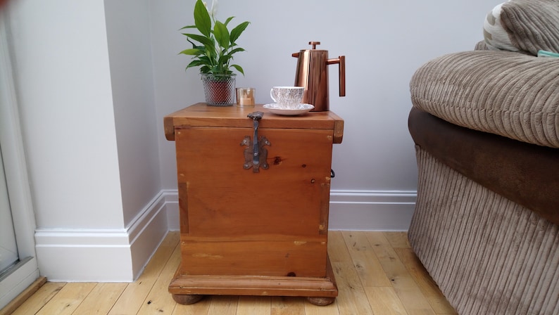 Vintage Mexican pine square trunk with cast iron fixings