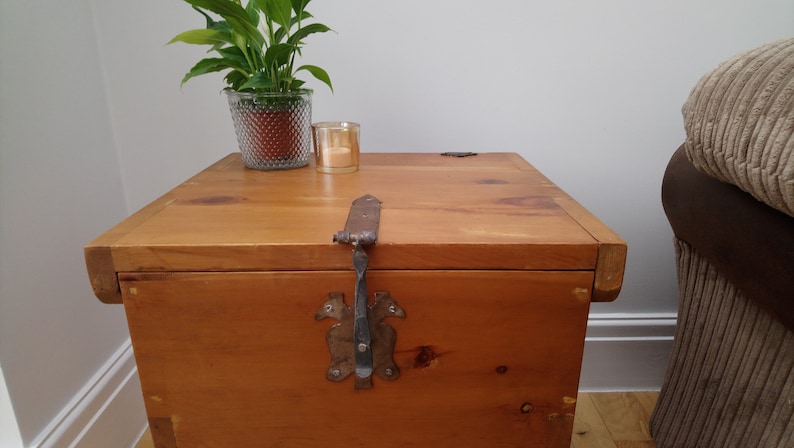 Vintage Mexican pine square trunk with cast iron fixings
