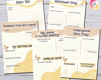 May include: A set of printable worksheets for a Bible study group. The worksheets are designed to help people study the Bible and apply it to their lives. The worksheets include sections for public talk, watchtower study, treasures from God's words, apply yourself to the field ministry, living as Christ, congregation Bible study, and my spiritual goals for this week.