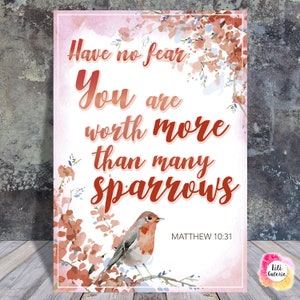 Peut inclure: Une illustration aquarelle d'un rouge-gorge perché sur une branche avec des fleurs roses et bleues. La citation "N'aie pas peur, tu vaux plus que beaucoup de moineaux" est écrite en rouge avec la référence biblique "Matthieu 10:31" en dessous.