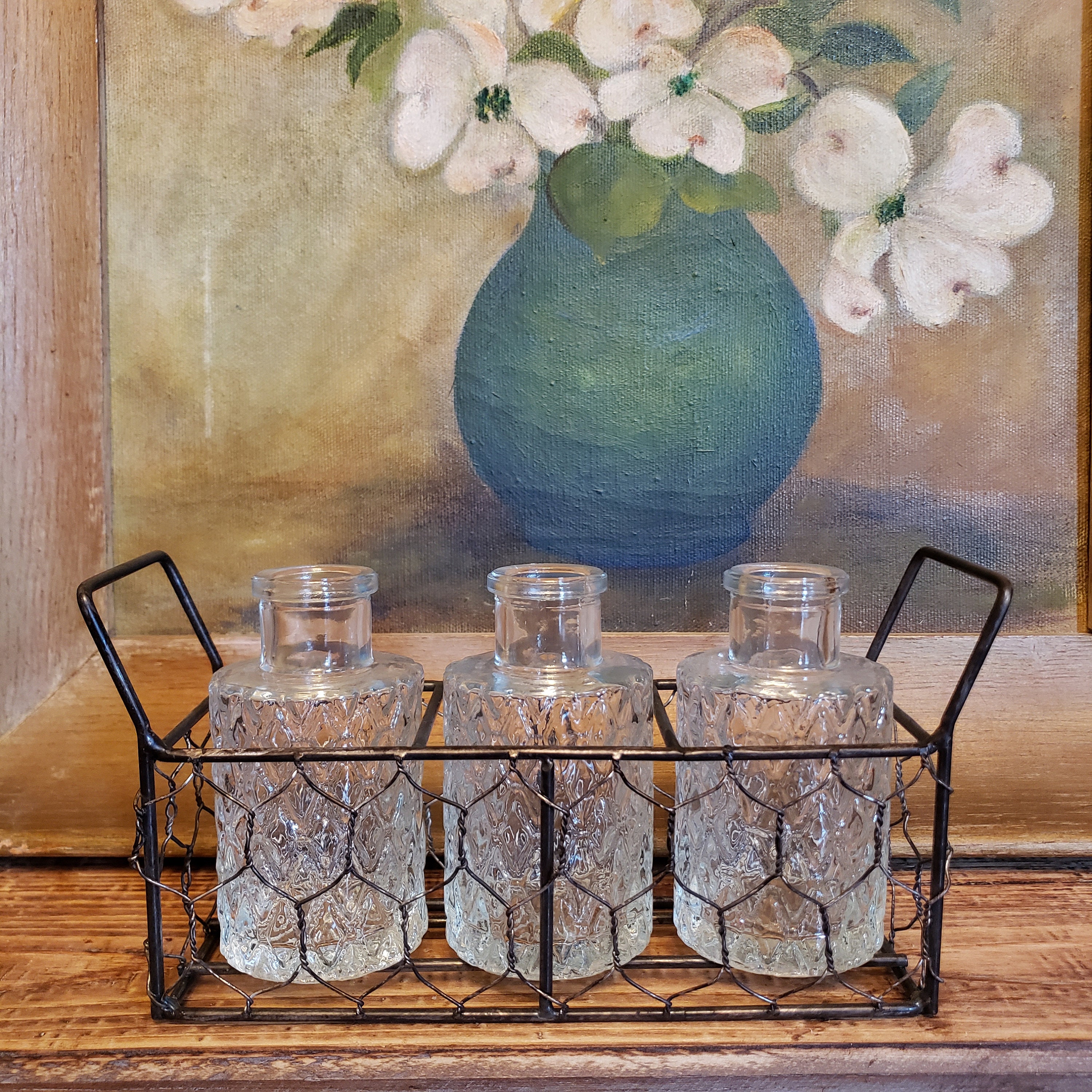 Set of 3 glass vases in wire basket chicken wire basket Etsy