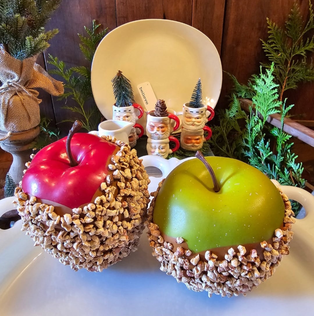 Set of 2, Christmas Table Decor, Faux Carmel Apples, Tiered Tray Decor