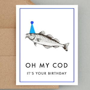Oh my Cod, c'est votre anniversaire, jeu de mots hilarant pour carte d'anniversaire, carte d'anniversaire pour lui, carte de voeux A2, enveloppe kraft recyclée