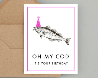 Oh mijn kabeljauw, het is jouw verjaardag, hilarische verjaardagskaart woordspeling, verjaardagskaart voor haar, A2 wenskaart, gerecyclede Kraft-envelop