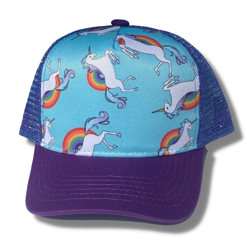 May include: A blue and purple trucker hat with a white unicorn and rainbow design. The hat has a mesh back and a solid purple front.