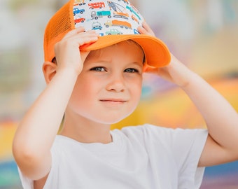 Orange Trucker Hat, Trucks Print, Organic Cotton Toddler Hat