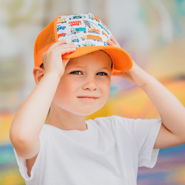 Orange truck toddler trucker hat, Hat with trucks, Curved visor toddler trucker hat, Orange trucker hats, Truck hat, matching hat sets