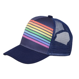 Blue Rainbow Stripe Trucker Hat, rainbow trucker hat, retro stripe trucker hat
