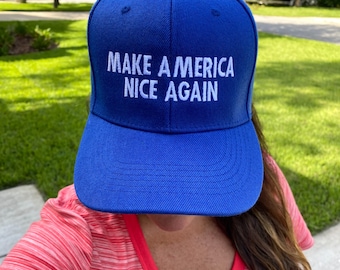 Make America Nice Again blue ball cap ready to ship