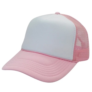 May include: A pink and white trucker hat with a mesh back. The front of the hat is white and the bill and back are pink.