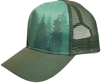 Green trees toddler and adult trucker hat, green mountain trucker hat, trucker hat for hiking, camping hat