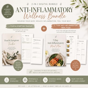 Könnte beinhalten: Ein 2-in-1 digitales Paket mit dem Titel Anti-Inflammatory Wellness Bundle, bestehend aus einem Ernährungs- und Symptom-Tracker sowie einem 7-Tage-Anti-Entzündungs-Ernährungsplan. Enthält tägliche Protokolle, Wochenübersichten und Einkaufslisten.