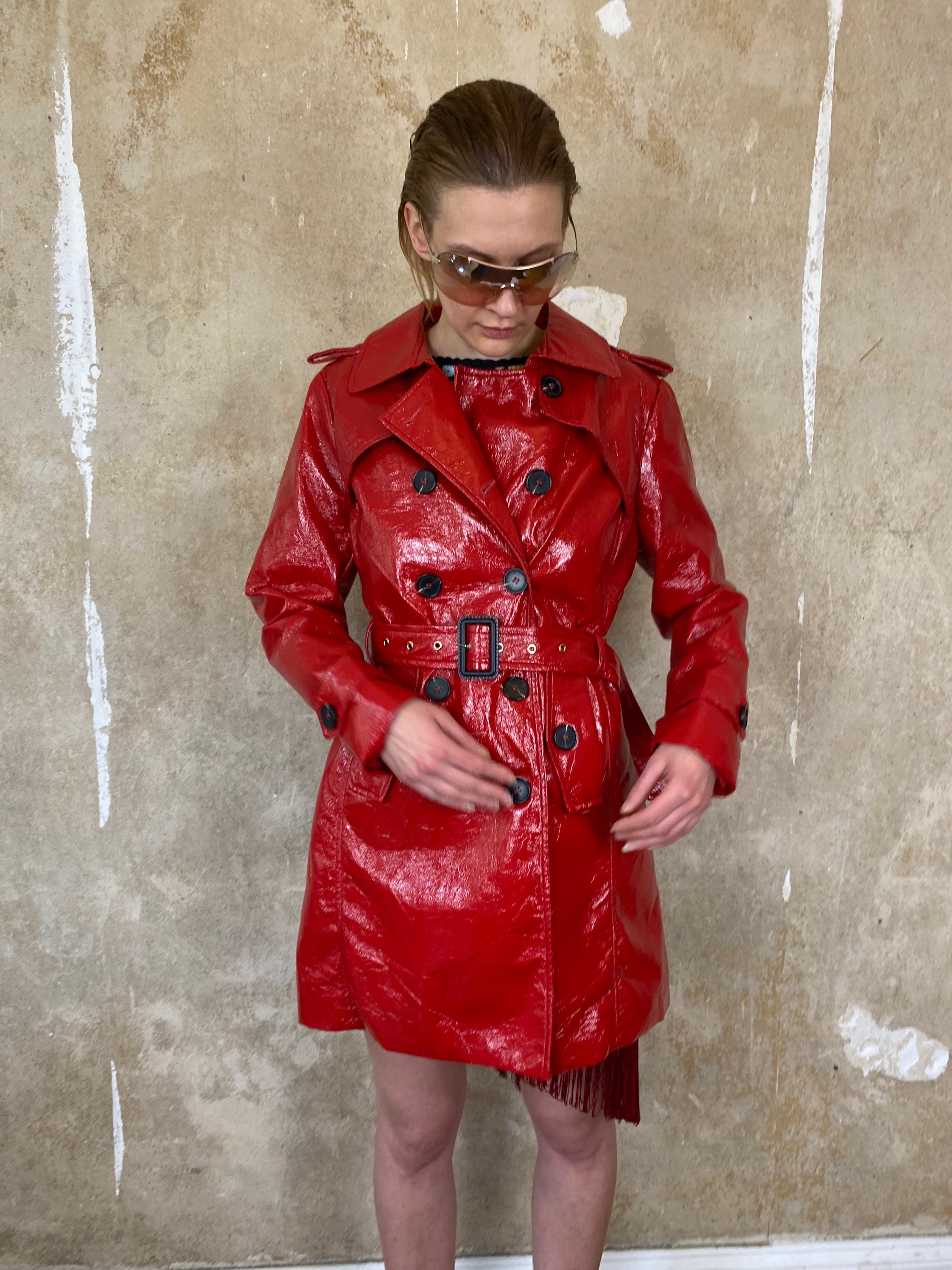 Patent Vinyl Red Trench Coat Y2K - Etsy