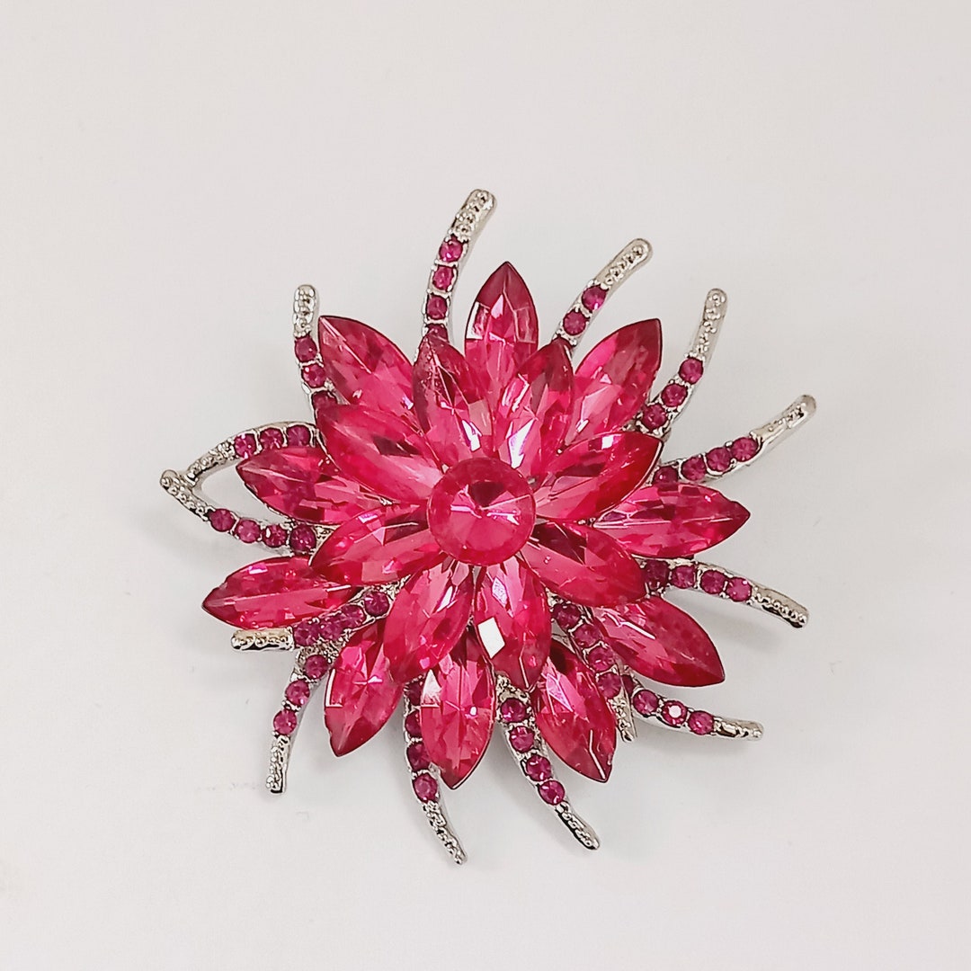 Pink Flower Pin Rose Diamante Rhinestone Crystal Brooch Etsy