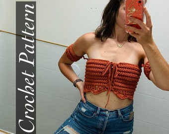 CROCHET PATTERN | Avery off the shoulder crop top crochet pattern, beginner friendly crochet crop top pattern, lace up crochet crop top