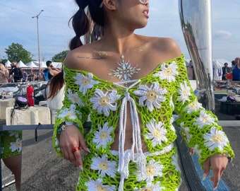 Daisy | Crochet set, crochet daisy shorts, crochet festival outfit, swimsuit coverup, bell sleeve crop top, crochet 2 piece