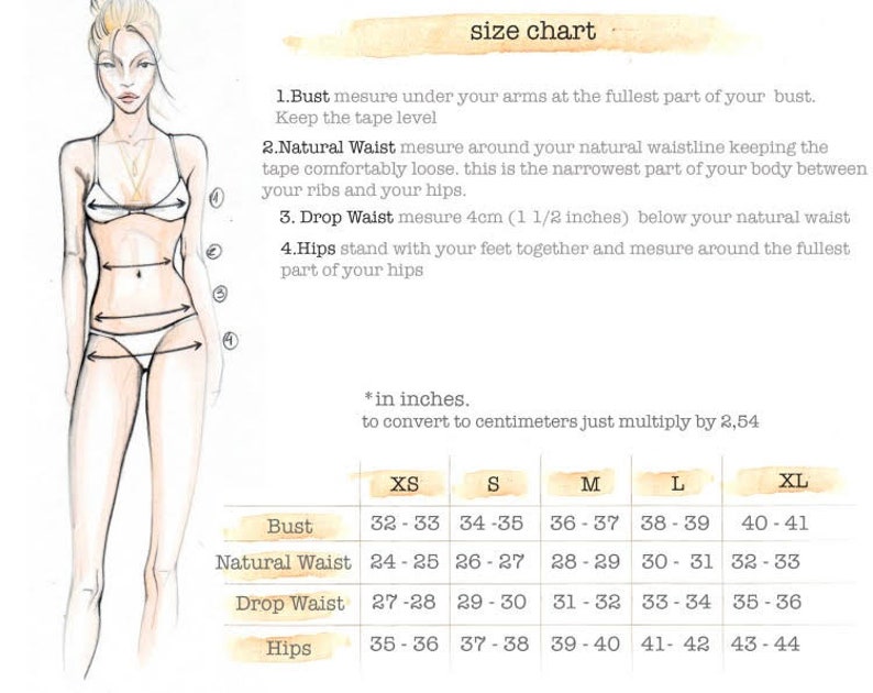 Puede incluir: Tabla de tallas para ropa con medidas en pulgadas para el busto, la cintura natural, la cintura ca&iacute;da y las caderas. Las tallas incluyen XS, S, M, L y XL.