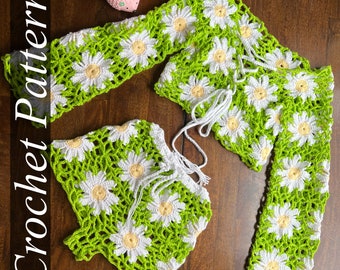 Daisy CROCHET PATTERN, crochet daisy shorts, bell sleeve top, crochet festival outfit, daisy coverup, daisy motif