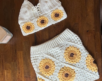 Sunflower Set, crochet top, crochet sunflower set, crochet skirt set, festival set, crochet clothes, crochet dress