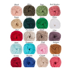 May include: A collection of twenty yarn balls arranged in a five-by-four grid, each labelled with its colour name: Blush, Olive, Sage, Red Monkey, Taupe, Forrest, Green, White, Red, Parchment, Khaki, Lilac, Aqua, Turquoise, Pink, Antique, Sienna, Royalty, Cream, and Rosey II.