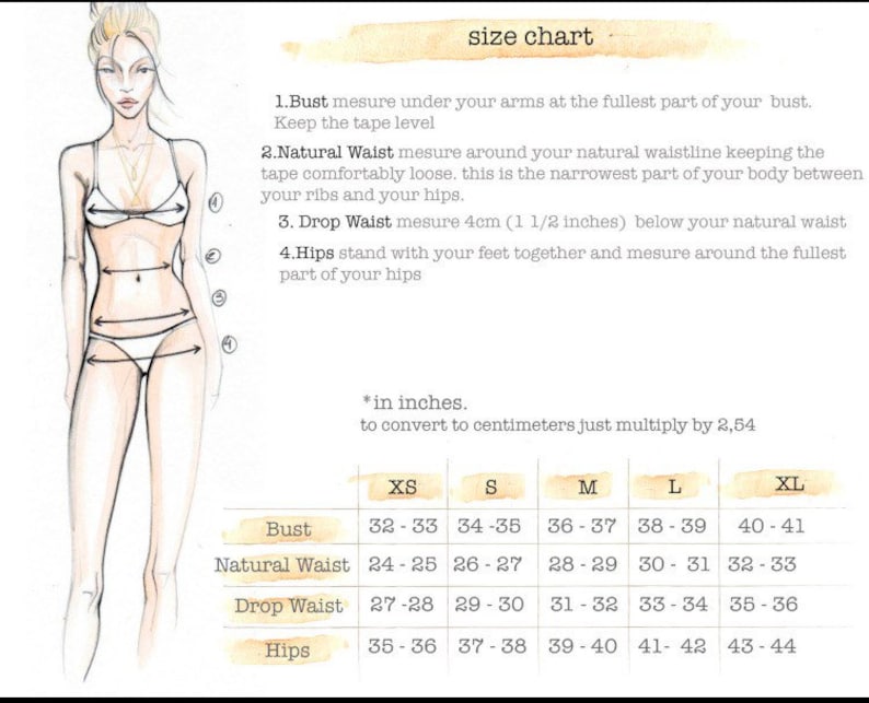 May include: Size chart for clothing with measurements in inches for bust, natural waist, drop waist, and hips. Sizes include XS, S, M, L, and XL.