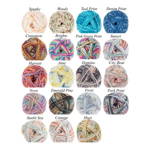 May include: Assortment of 18 colorful yarn skeins with various patterns and names, including Spunky, Woods, Teal Print, Denim Print, Cinnamon, Brights, Pink Green Print, Sunset, Harvest, June, Domino, City Beat, Nova, Emerald Pine, Frost, Park Print, Sunlit Sea, Cottage, and Hues.