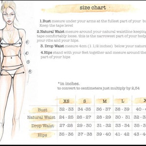 May include: Size chart for clothing with measurements in inches for bust, natural waist, drop waist, and hips. Sizes include XS, S, M, L, and XL.