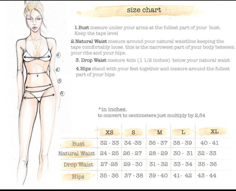 May include: Size chart for clothing with measurements in inches for bust, natural waist, drop waist, and hips. Sizes include XS, S, M, L, and XL.