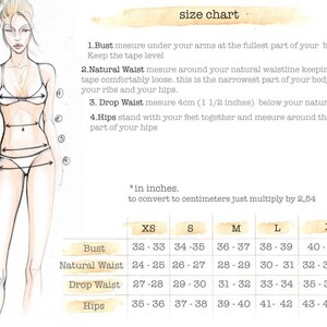 May include: A size chart illustration featuring a sketch of a figure with numbered measurement points for bust, natural waist, drop waist, and hips. The text includes instructions for measuring and a table with sizes XS through XL in inches.